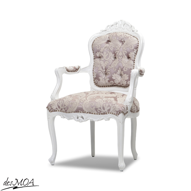 ≪シンフォニーシリーズ≫ アンティーク調 アームチェア 肘掛け椅子 白家具 / ホワイト×ピンク系（ダマスク柄） | des MOA
